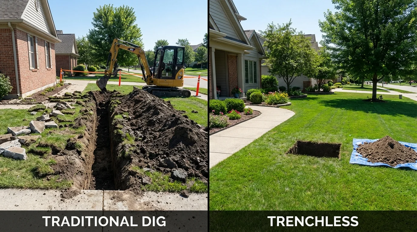 Trenchless sewer repair with minimal yard damage versus traditional excavation in Monee, IL