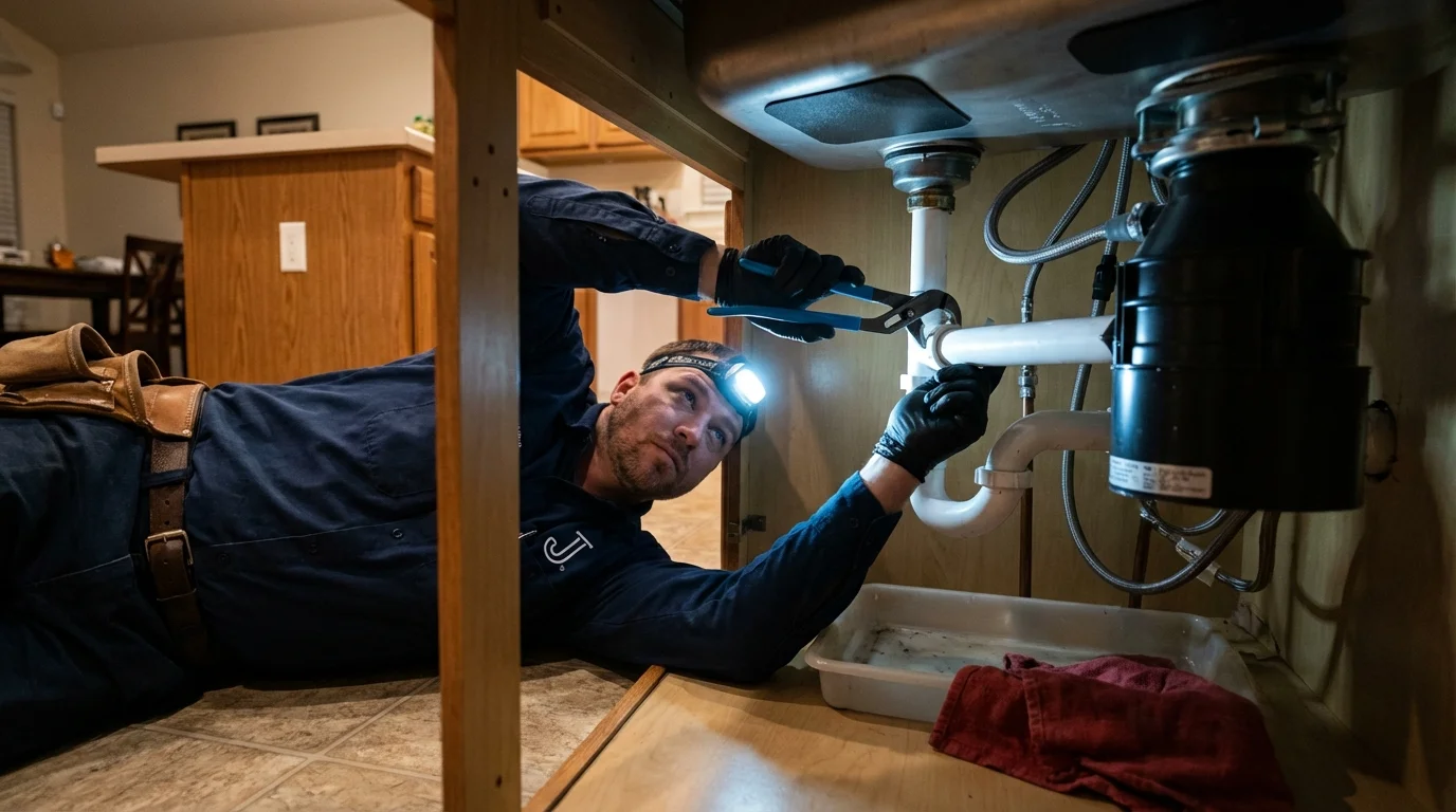 P-trap and supply line connections under a kitchen sink showing a common leak point in Monee, IL